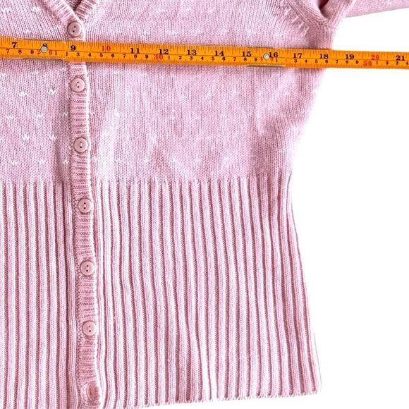 JG Hook Vintage Pink & White Tiny Polka Dot V-Neck Button Front Sweater. Small. - Picture 3 of 6